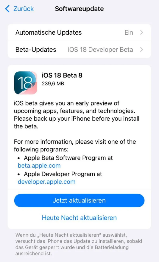 南关苹果手机维修分享苹果 iOS / iPadOS 18 开发者预览版 Beta 8 发布 